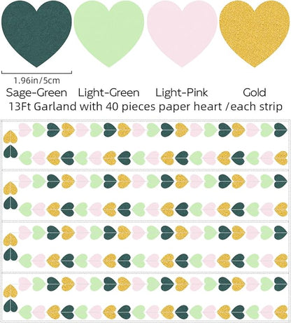 Sage-Green Pink Gold Party-Decorations - Paper Heart Garland Streamers Woodland Theme Baby Shower Bridal Shower Birthday Decoration Wedding Bachelorette Engagement Hanging Decor HongTongTong
