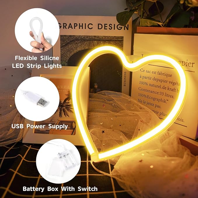 Heart Neon Sign, LED Light 3-AA Battery Operated or USB Powered Decorations Lamp, for Girl's Room Dorm Wedding Anniversary Valentine’s Day Mother’s Day Birthday Party Home Décor(Warm White)