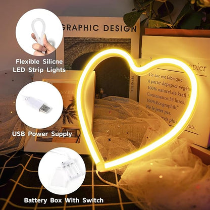 Heart Neon Sign, LED Light 3-AA Battery Operated or USB Powered Decorations Lamp, for Girl's Room Dorm Wedding Anniversary Valentine’s Day Mother’s Day Birthday Party Home Décor(Warm White)