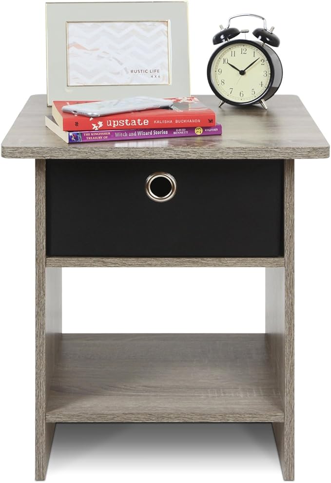 Furinno Dario End Table / Side Table / Night Stand / Bedside Table with Bin Drawer, 2-Pack, French Oak Grey/Black