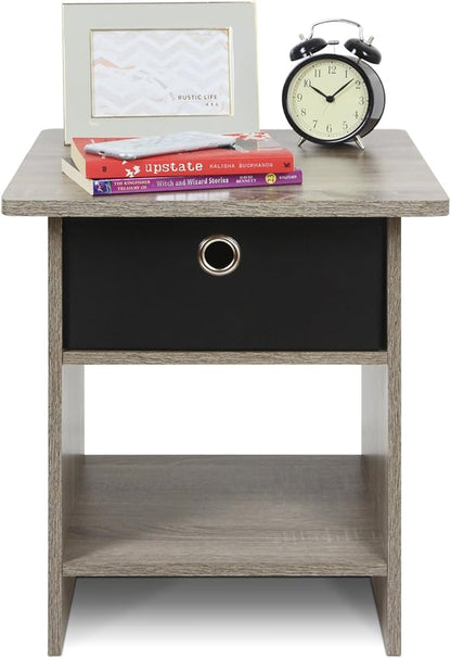Furinno Dario End Table / Side Table / Night Stand / Bedside Table with Bin Drawer, 2-Pack, French Oak Grey/Black