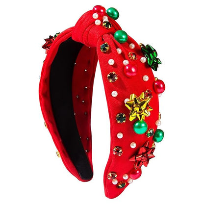 pVq Christmas Headband for Women Knotted Headband with Christmas Tree Crystal Pearl Snowflake Ribbon Xmas Holiday Hairband (Pearl Flower - Red, One Size)