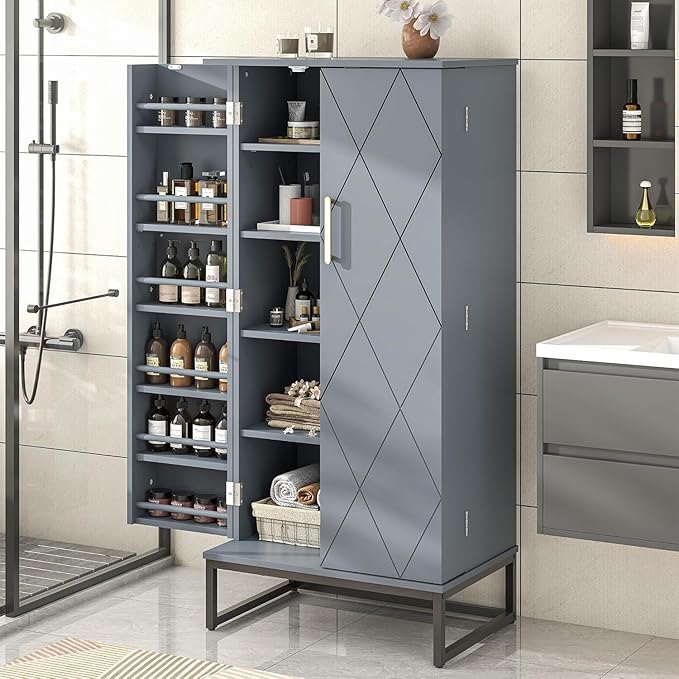 51" Kitchen Pantry Storage Cabinet, Freestanding Pantry Cabinets with Doors andAdjustable Shelves, Buffet Cupboards Storage Cabinet for Home Office Use, DinningRoom(Grey)