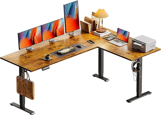 Casaottima 63 Inch Reversible L Shaped Electric Standing Desk, Ergonomic Height Adjustable Desk, Large Lift Corner Stand up Table for Workstation, Home Office, Reception Room, Rustic Brown