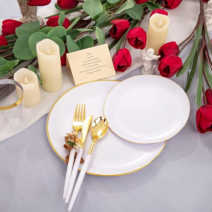 LIYH 180 Pcs White and Gold Plastic Plates Disposable - Dinnerware Set, Gold Plastic Silverware, Disposable Heavyduty Plates for Parties, Birthdays, Wedding 30Guests