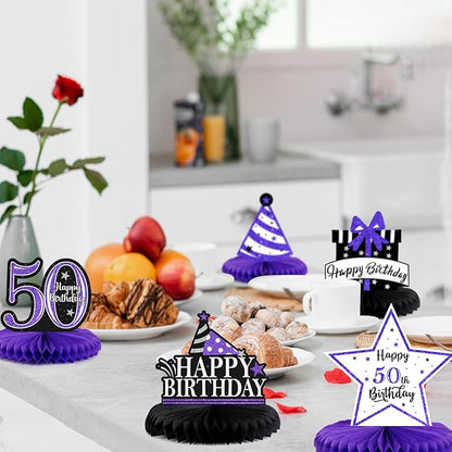 Happy 50th Birthday Decorations,50th Bday Purple Glitter Shiny Stand Honeycomb Table Centerpieces - Cheers to Fifty Years Old Birthday Party Photoprop Gift Sign.