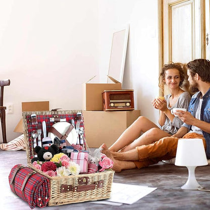 Wicker Picnic Basket for 4 with Waterproof Picnic Blanket and Insulated Cooler, Willow Hamper for Camping, Outdoors, Photoshoot, or a Birthday, Valentine’s Day, Wedding Gift