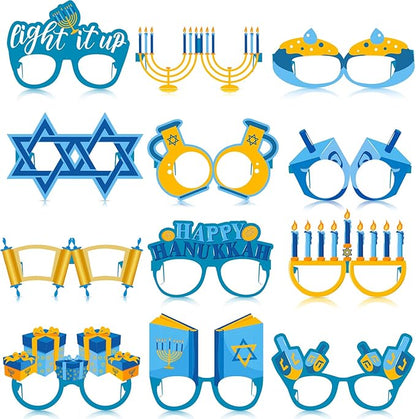 36 Pack Happy Hanukkah Party Eye Glasses Chanukah Paper Eye Glasses Frame Star Light It up Menorah Paper Eyewear Photo Prop for Kids Adults Party Favors,15.8 x 5 Inches