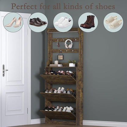 Shoe Cabinet with 3 Flip Drawers & Coat Rack, Narrow Hidden Shoe Storage Cabinet, 2-in-1 Hall Tree Slim Freestanding Shoe Rack Organizer for Entryway, Hallway, and Living Room