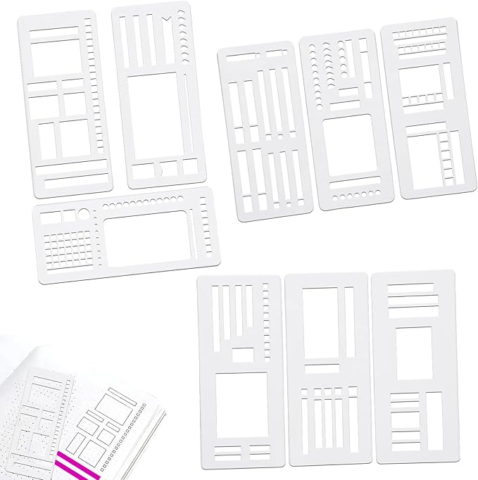 9Pcs Handmade Flexible Record Template, Versatile Planner Stencils Set for Dot Grid Journals, Reusable Drawing and Checklist Templates, Plastic Stencil Drafting Tools with Coils Discs and Rings