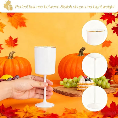 Ciaell 12 Pack White Plastic Wine Glasses with Stem - 10 Oz White and Gold Disposable Wine Glasses for Parties & Thanksgiving & Weddings & Poolside & Toasting & Outdoors & Graduation