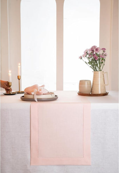 D'Moksha Homes Linen Pastel Pink Table Runner 72 Inches Long - 100% Pure Linen Hemstitch Table Runner 14 x 72 Inch for Dresser, Dining, Winter, Christmas, Holiday - Classic Hemstitch