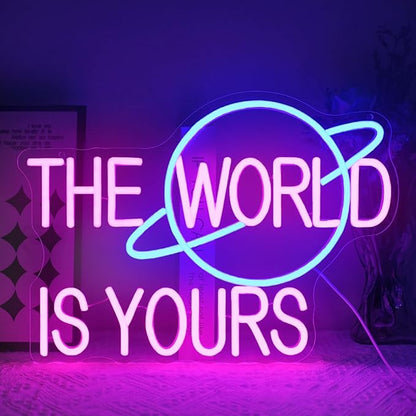 The World is Yours Neon Sign for Wall Decor Dimmable Pink Led Lights Signs for Bedroom Letters Neon Light for Office Game Room Man Cave Graduation Party Wedding Decor Birthday Gift for Girl