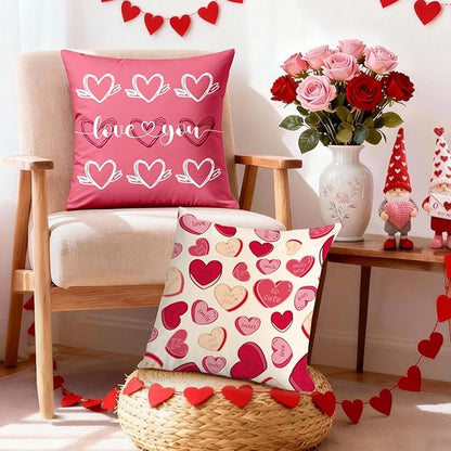 Valentines Day Decorations-Valentine Pillow Covers 18x18 Set of 4, Pink Hearts Love You Happy Valentine's Day Throw Outdoor Pillow Covers Anniversary Wedding Cushion Case for Home Sofa Couch Décor