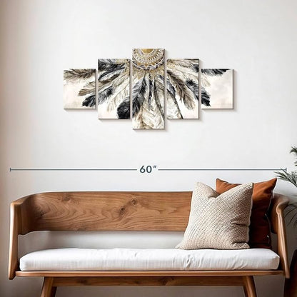 ElephantStock - Necklace Of Feathers Iii Wall Art - Horizontal Multi Panel Canvas - 5 Piece Living Room Wall Decor - Painting Multi Piece Wall Art - Brown And Gray Decor by Eva Watts - 42" x 19"