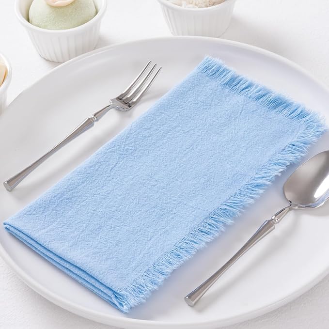 12 Pack Baby Blue Cotton Linen Napkins with Fringe Christmas Cloth Napkins Set of 12 Boho Handmade Holiday Napkins Bulk for Wedding Baby Boy Shower Parties, 17 x 17 Inches