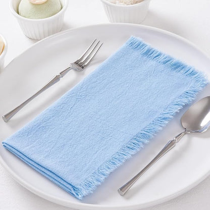 12 Pack Baby Blue Cotton Linen Napkins with Fringe Christmas Cloth Napkins Set of 12 Boho Handmade Holiday Napkins Bulk for Wedding Baby Boy Shower Parties, 17 x 17 Inches