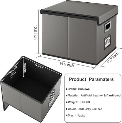 Huolewa Portable Leather File Organizer Boxes with Lids, Office Document Boxes Organizer, Filing Boxes, Decorative Small File Boxes for Hanging Files with Plastic Slide for Office/Decor/Home
