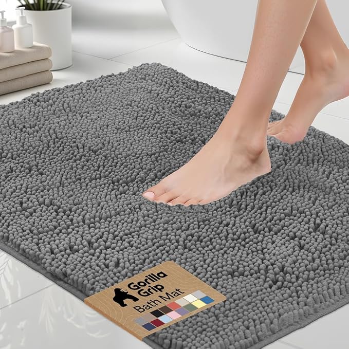 GORILLA GRIP Bath Rug Mat 44x26, Thick Soft Absorbent Chenille, Quick Dry Microfiber Mats, Rubber Backing Washable Shower Floor Rugs, Bathmat Runner, US Designed Bathroom Home Decor Accessories Grey
