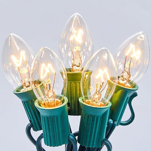 100FT C7 Christmas String Lights Outdoor UL Listed Vintage Christmas Lights Hanging for Christmas Tree Garden Patio Backyard Cafe Party Room Xmas Decoration, Green Wire, 100 Bulbs, Not Connectable