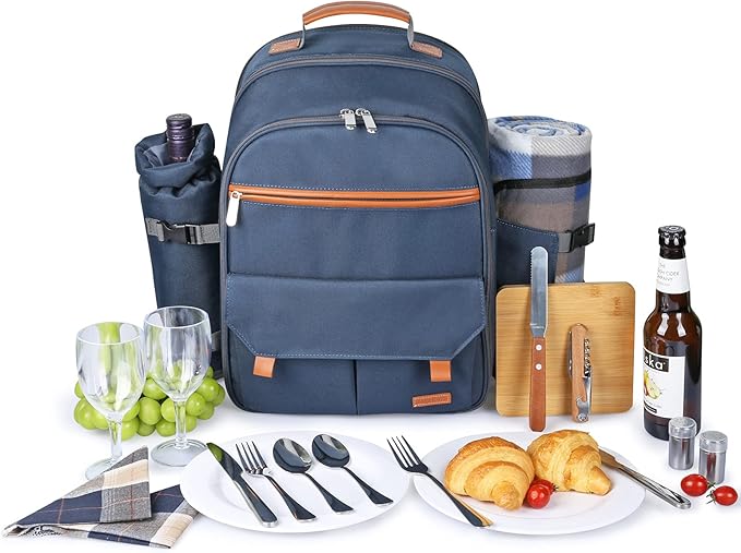 Sunflora Picnic Backpack for 2 Person Set Pack with Insulated Waterproof Pouch for Couple Outdoor Camping (Navy)