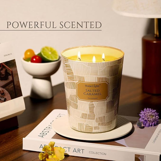 HomeLights Large jar Candle | 3-Wick Long-Lasting Scented Candles, 34oz Natural Soy Wax Candle for Home Scented, Rustic Modern Gifts for Women & Men, Salted Caramel
