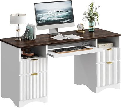 Bestier Computer Desk with Keyboard Tray, 59 inch Office Desk with 4 Drawers, Modern Home Office Desk with File Drawer (Walnut with White, 59" W with Double-Sided Drawers)