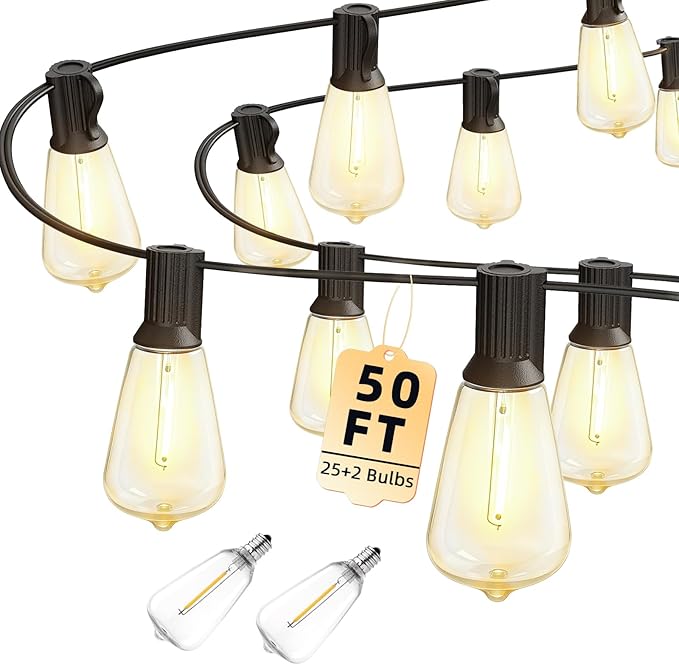 50FT Outdoor String Led Patio Lights 15M Outside Waterproof Light with ST38 Shatterproof Bulb Connectable Hanging Outdoor Electric Lighting for Garden Backyard Gazebo Porch Party Yard