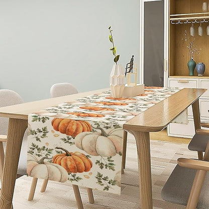 Fall Pumpkin Table Runner White Orange Vegetables Seeds Parsley Watercolor Hand-Painted Illustration Home Decor for Farmhouse Indoor Outdoor Party Holiday Dining Kitchen Restaurant Cafe W13xL60in