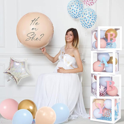Amandir 164PCS Gender Reveal Balloon Boxes Decorations, Pink and Blue Balloon Garland Kit 4pcs Boxes with Letters (A-Z+Baby) for Baby Shower Birthday He or She Gender Reveal Party Supplies
