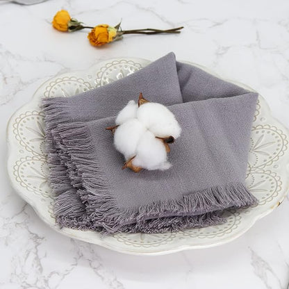 Handmade Cloth Napkins with Fringe,18 x 18 Inches Cotton Linen Napkins Set of 4 Versatile Handmade Square Rustic Fringe Napkins for Dinner, Wedding and Parties, Gray