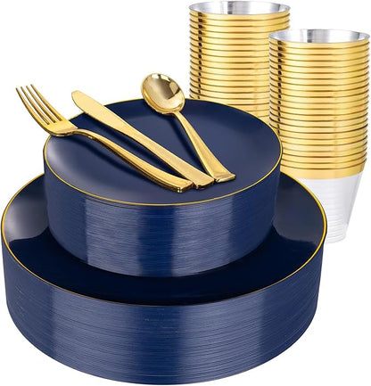 WDF 150pcs Blue plastic Plates - Navy Blue Plates Disposable - 25guest Disposable Dinnerware Sets for Hanukkah/Party/Wedding/Birthday