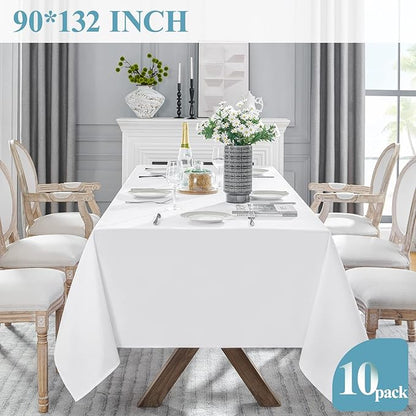 VidaFete Table Cloth 90 * 132inch 10 Pack Rectangle Tablecloth Polyester, Stain Wrinkle Resistant Polyester Dining Table Cover for Kitchen Dinning Party Wedding Rectangular Tabletop Decoration(White)