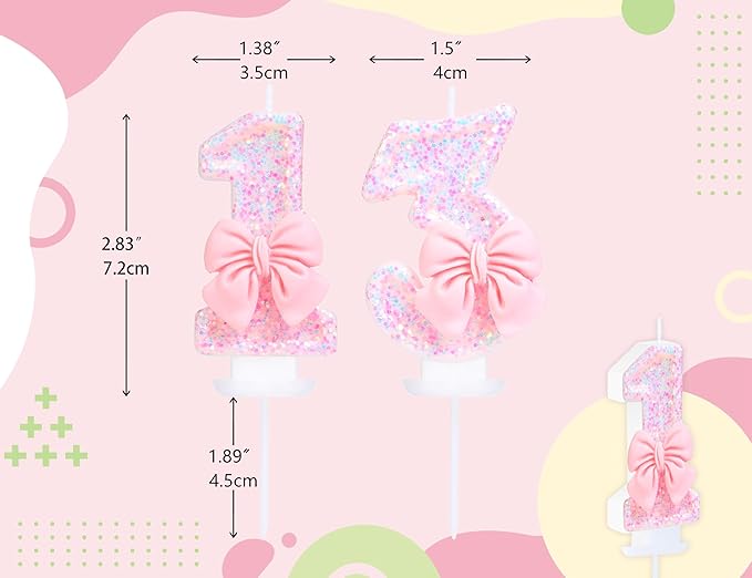 Number 13 Candle Pink Sequins and Bowtie 13th Cake Topper, 13 Birthday Candle for Girls Pastel Sweet Theme Birthday Party or Adults Milestone Age Decoration