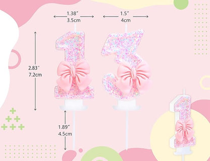 Number 13 Candle Pink Sequins and Bowtie 13th Cake Topper, 13 Birthday Candle for Girls Pastel Sweet Theme Birthday Party or Adults Milestone Age Decoration