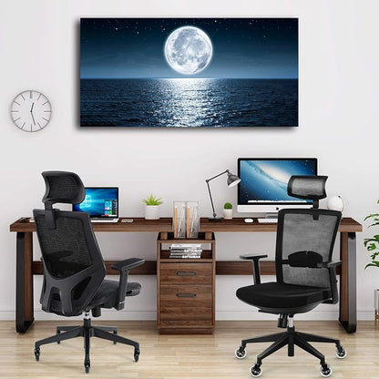 Aibonnly Wall Art Canvas Print Moon Sea Ocean Landscape 1 Panels Full moon Picture Painting Framed and Stretched Ready to Hang for Living Room Bedroom Office Home Decor Artwork 20x40inch