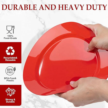 FLOWERCAT 200PCS Red Plastic Plates Disposable Plates for Party - Heavy Duty Plastic Plates - 10" &7" Plate for 100 Guests New Year Parties and Events &Christmas