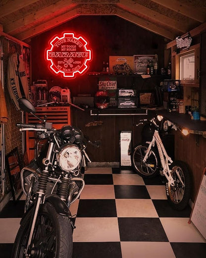Custom Garage Neon sign for Wall Decor with Timing Remote, Personalized Gear Garage LED Neon Light for Man Cave, Home Bar, Workshop, Son Dad Birthday Gift RED