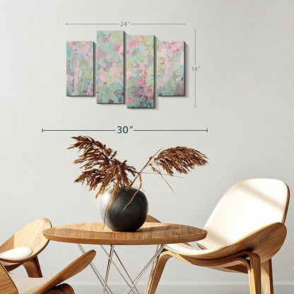 ElephantStock Dancing Sakura Tree Wall Art - Horizontal Canvas - 4-Piece Living Room Wall Decor - Painting Abstract Canvas Print - Pink and Blue Decor for Wall by Ann Marie Coolick - 24" X 14"