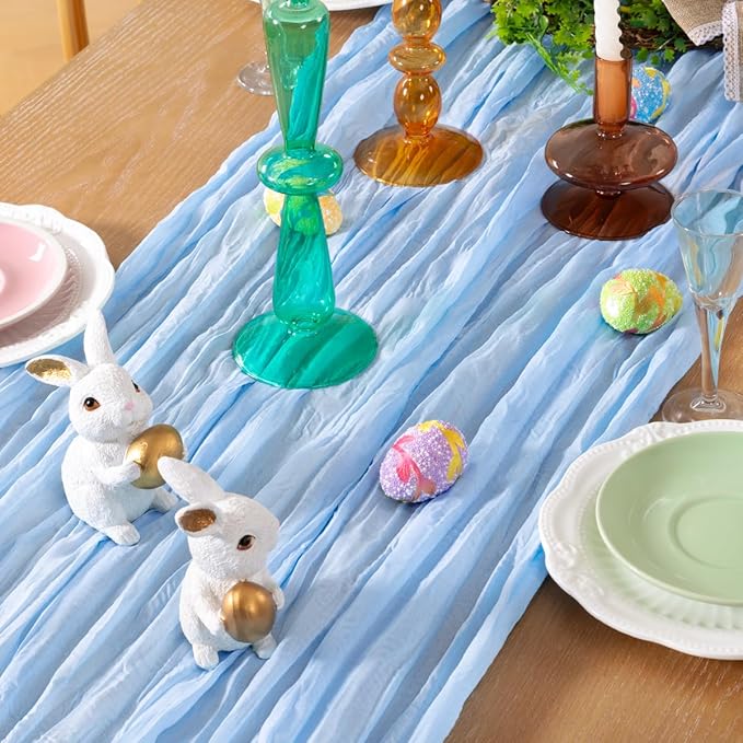 Baby Blue Cheesecloth Table Runner Christmas Table Runner Boho Gauze 120 Inches Light Blue Table Decor for Xmas Holiday Season Parties Wedding Bridal Baby Boy Shower Birthday