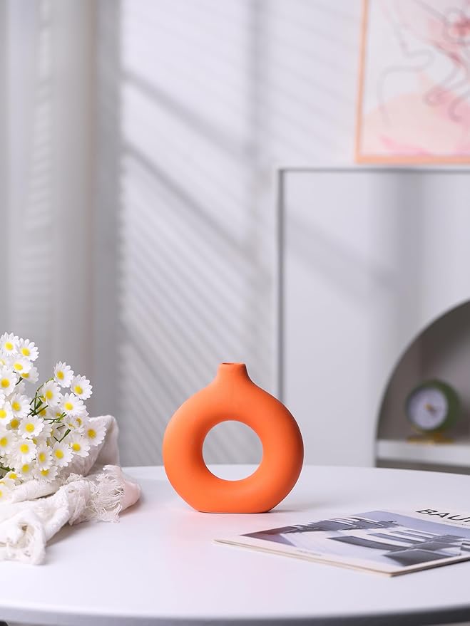 Modern Donut-Shaped Decorative Vases, Handmade Minimalist Boho ins Style, Modern Vase for Home Decor for Wedding Dinner Table Party Living Room Office Bedroom (Orange, Small)