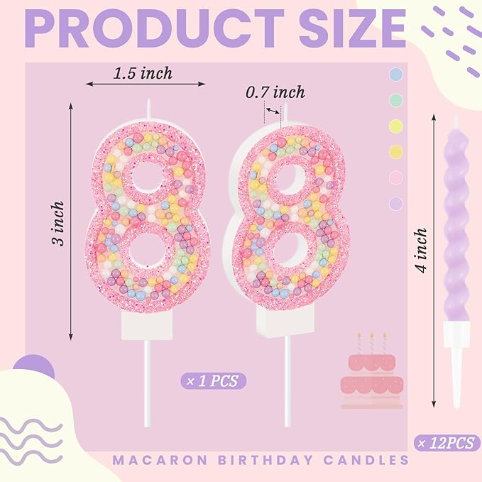 MTLEE Number 8 Birthday Candle with 12 Pcs Spiral Candles for Girls Macaron Pastel Rainbow Unicorn Pink Cake Topper for Sweet Theme Party Decoration