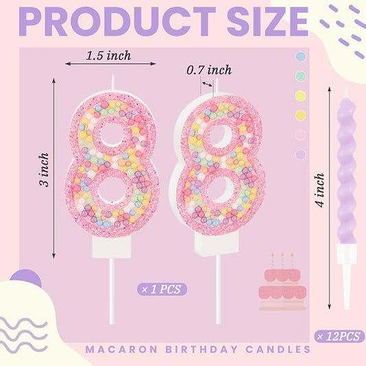MTLEE Number 8 Birthday Candle with 12 Pcs Spiral Candles for Girls Macaron Pastel Rainbow Unicorn Pink Cake Topper for Sweet Theme Party Decoration