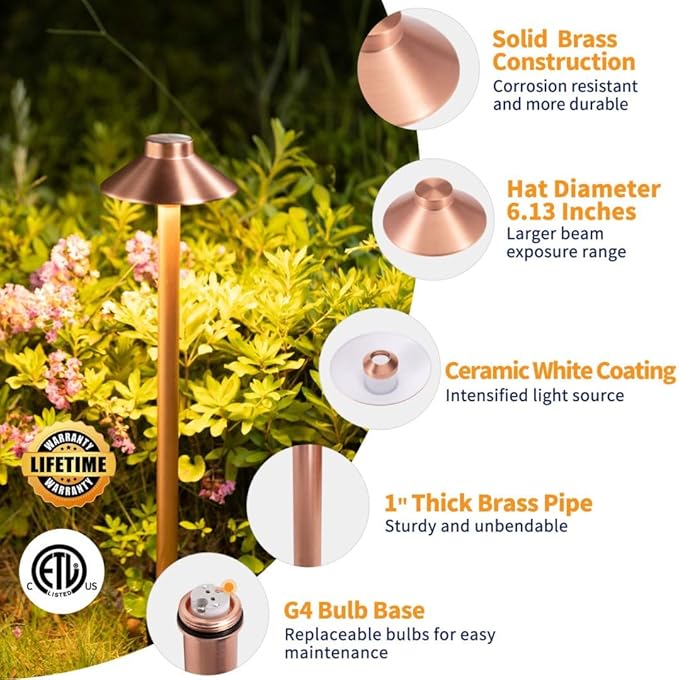 Gardenreet Brass Low Voltage Path Lights(Hat) Outdoor Waterproof IP65, 12v LED Copper Landscape Lights Wired Fixture for Patio Walkway Driveway Garden Yard Without G4 Bulb(8 Pack)