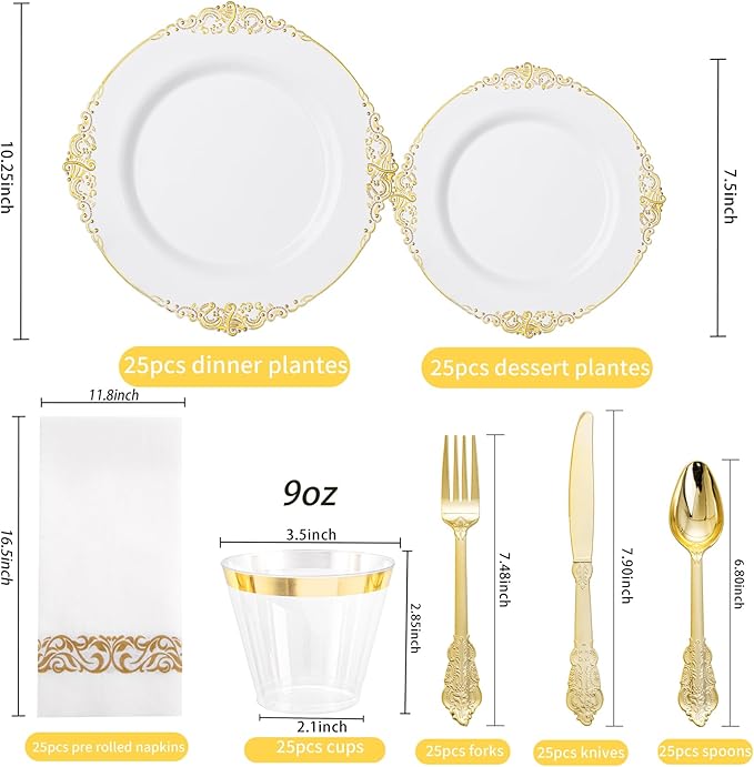 Hioasis 175pcs White and Gold Plastic Plates - Elegant Disposable Dinnerware Set Suitable for 25 Guests Include 10.25" Dinner & 7.5" Dessert Plates, Cutlery, Napkins, Cups for Party & Wedding