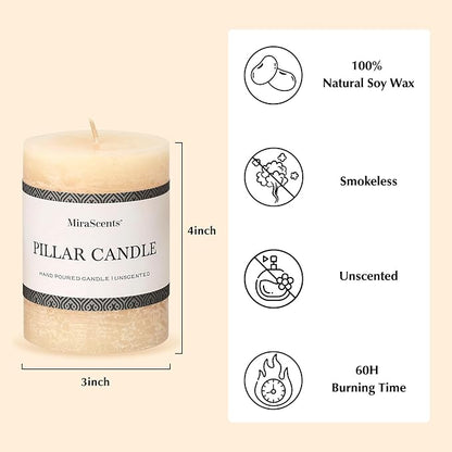 3x4 Inch Ivory Pillar Candles Set of 3 - Hand-Poured Unscented Candles, Long Clean Burning, Large Big Candle, Smokeless Dripless Candle for Dinner Table, Wedding, Home, Bathroom, Rustic Decor