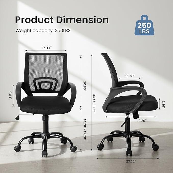 DUMOS Home Office Chair - Ergonomic Mid Back Mesh Desk Chair with Lumbar Support & Rocking Mode, Height Adjustable with Fixed Armrest, for Computer, Gaming, Meeting, 360° Swivel, Black, 2 Pack