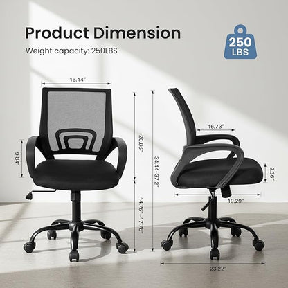 DUMOS Office Chair - Ergonomic Mid Back Mesh Desk Chair with Lumbar Support & Rocking Mode, Height Adjustable with Fixed Armrest, Computer, Gaming, Conference, 360° Swivel, Black