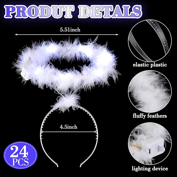 Seematn 24 Pcs Light Up Angel Headband White Feather Halloween Christmas Angel Outfit Women's Costume Headwear Angel Hairband Accessory for Adult Cosplay Party Costume