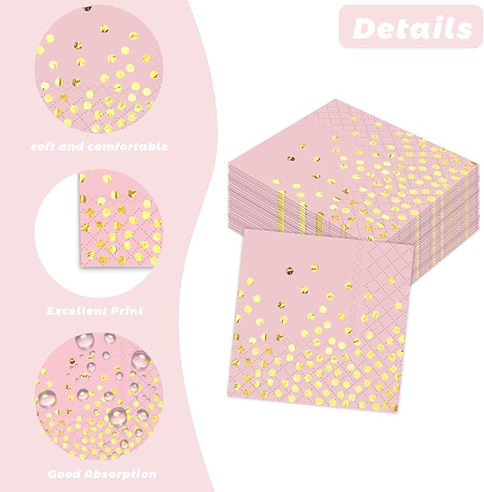100 Pack 13x13 Inch Disposable Pink and Gold Paper Napkins for Wedding,Birthday,Party